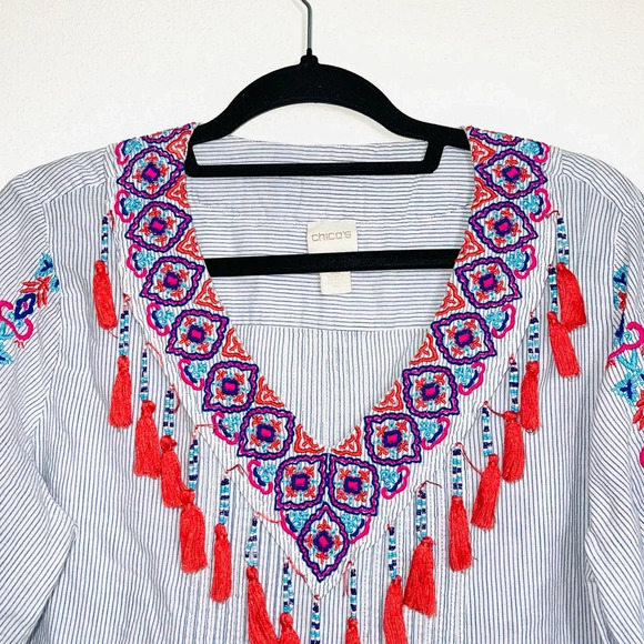 Chico’s Blue & White Striped Embroidered Tassel Popover Top 2 Large Women’s - Picture 2 of 10